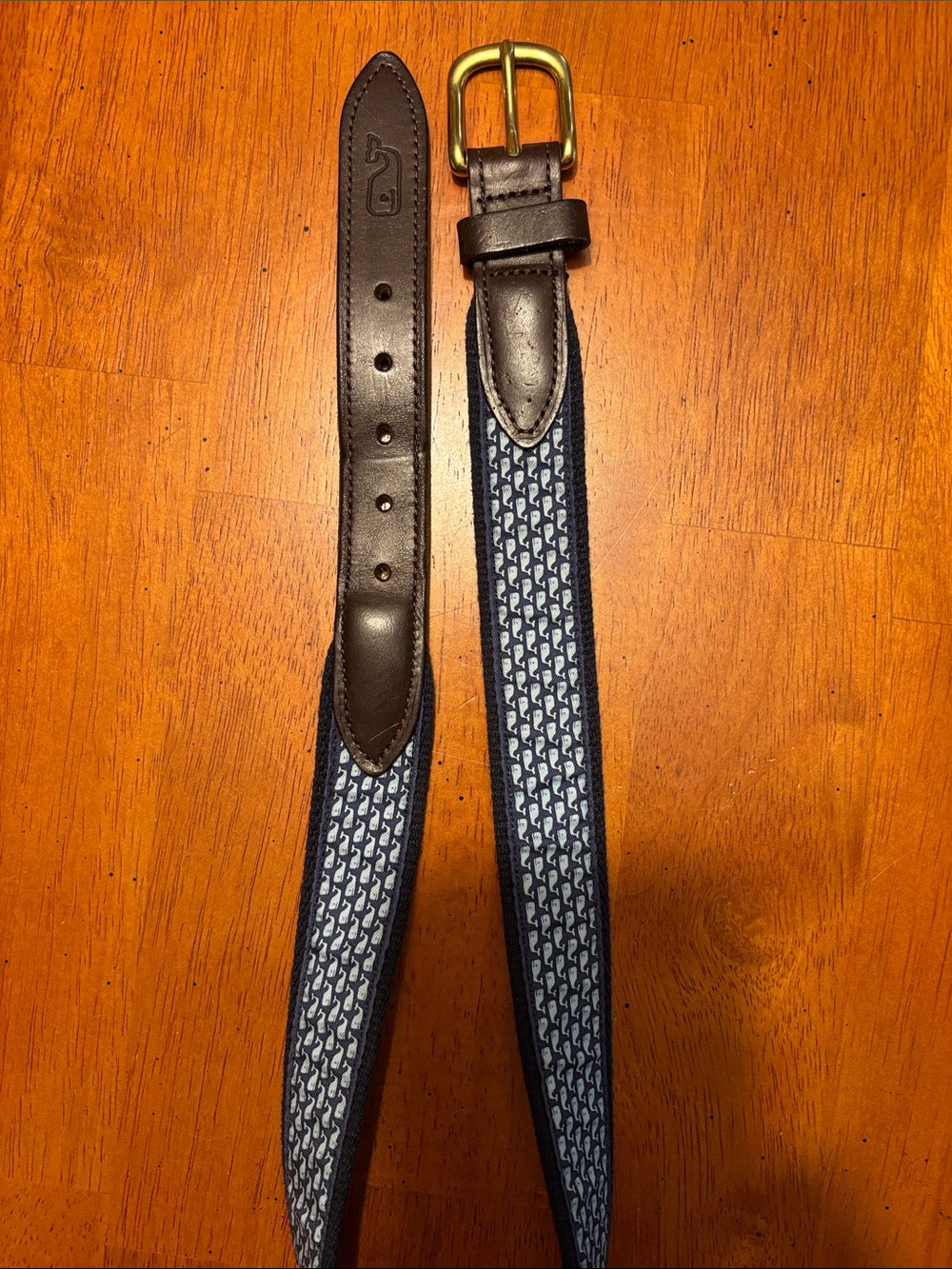 Boys Vineyard Vines Navy/whale Patterned Belt with Brown Leather Accents